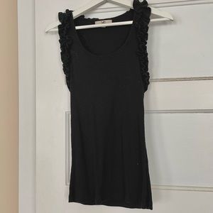 YA black racer-back tanktop with ruffle detail